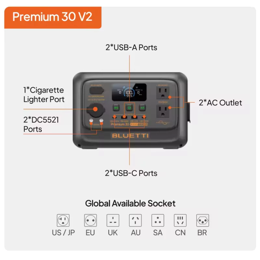 BLUETTI Premium 30 V2 Portable Power Station – 320Wh LiFePO₄ Battery, 600W AC Output (220V, 60Hz) Solar Generator + Solar Panel PV60W / PV100W / PV120W / PV200W for Camping, Hiking, Home Appliances & Electronics – 5-Year Warranty