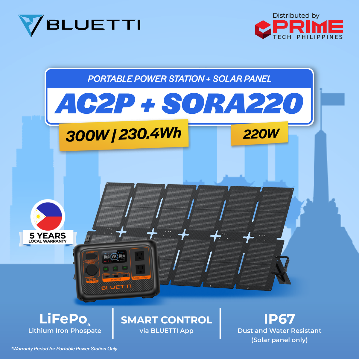 BLUETTI Premium AC2P 300W Portable Power Station | 230Wh LiFePO₄ Battery for Travel, Camping, Emergency Backup | Fast Charging | 5-Year Local Warranty