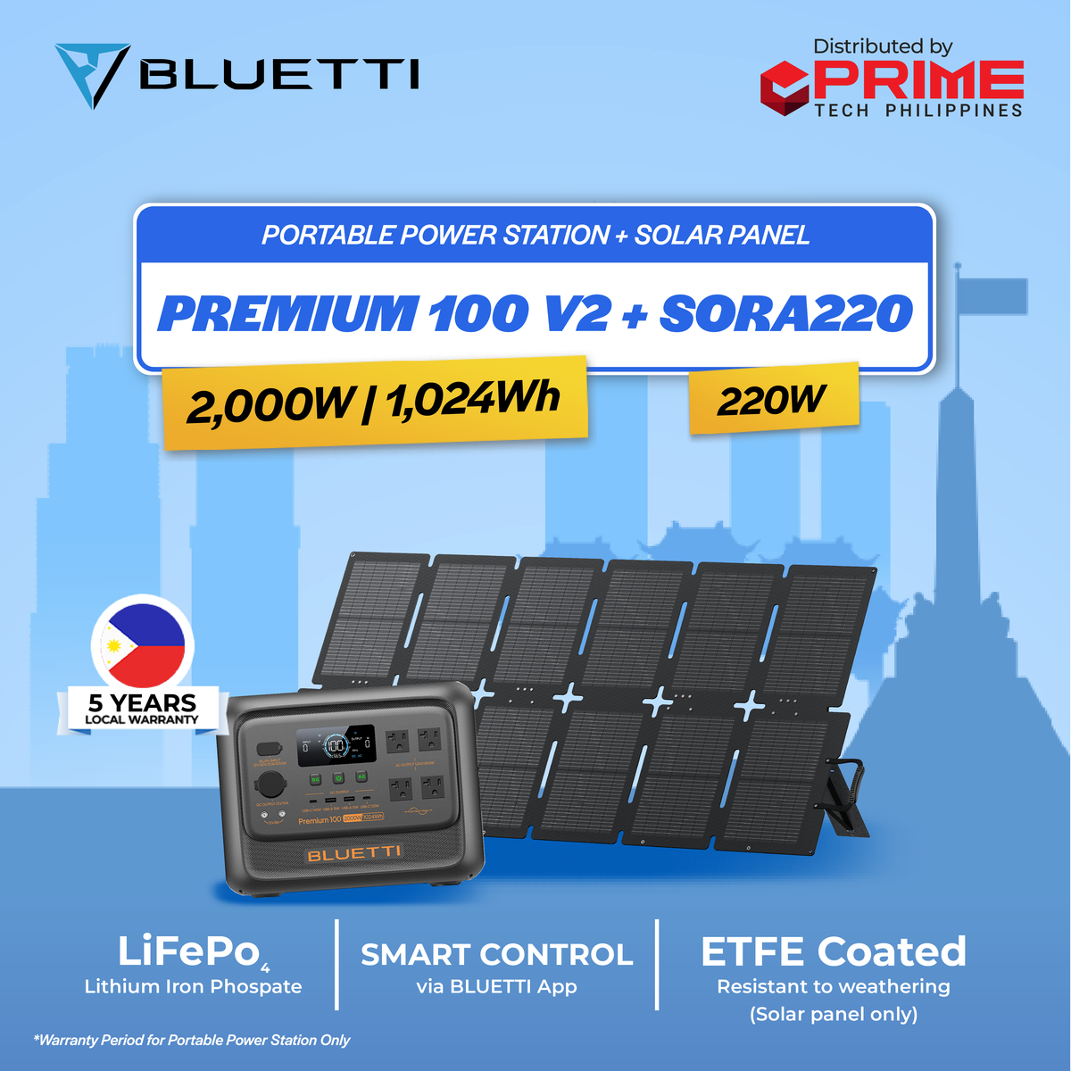 BLUETTI Premium 100 V2 Portable Power Station 1024Wh LiFePO4 2000W Solar Generator | UPS Backup Power Supply