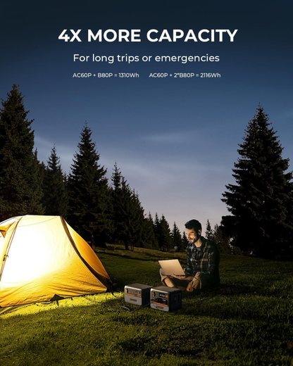 BLUETTI AC60P Portable Power Station with B80P Battery 1310Wh LiFePO4 2x600W AC IP65 Solar Generator