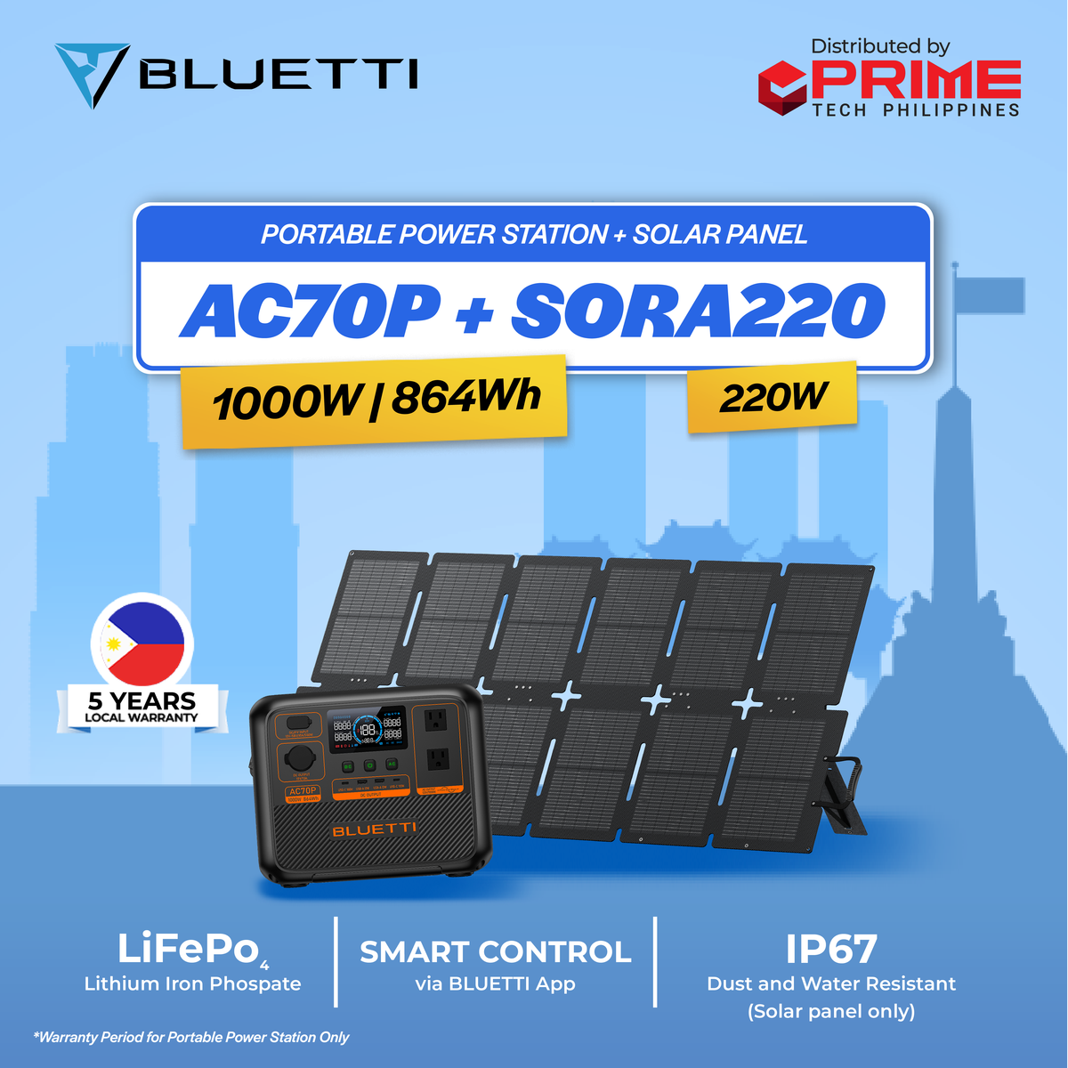 BLUETTI Premium AC70P 1000W Portable Power Station | 864Wh LiFePO₄ Battery for Camping, Home Backup, Emergency | 5-Year Local Warranty