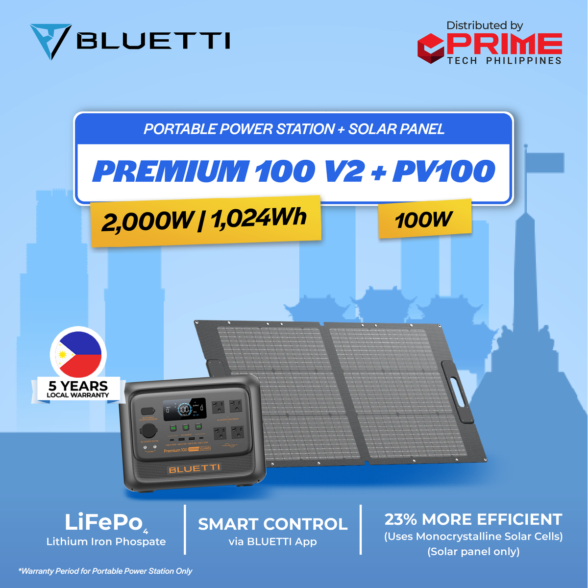 BLUETTI Premium 100 V2 Portable Power Station 1024Wh LiFePO4 2000W Solar Generator | UPS Backup Power Supply