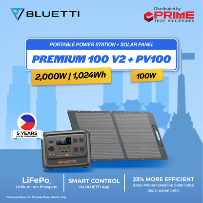BLUETTI Premium 100 V2 Portable Power Station 1024Wh LiFePO4 2000W Solar Generator | UPS Backup Power Supply