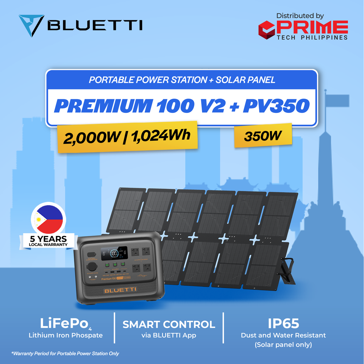 BLUETTI Premium 100 V2 Portable Power Station 1024Wh LiFePO4 2000W Solar Generator | UPS Backup Power Supply