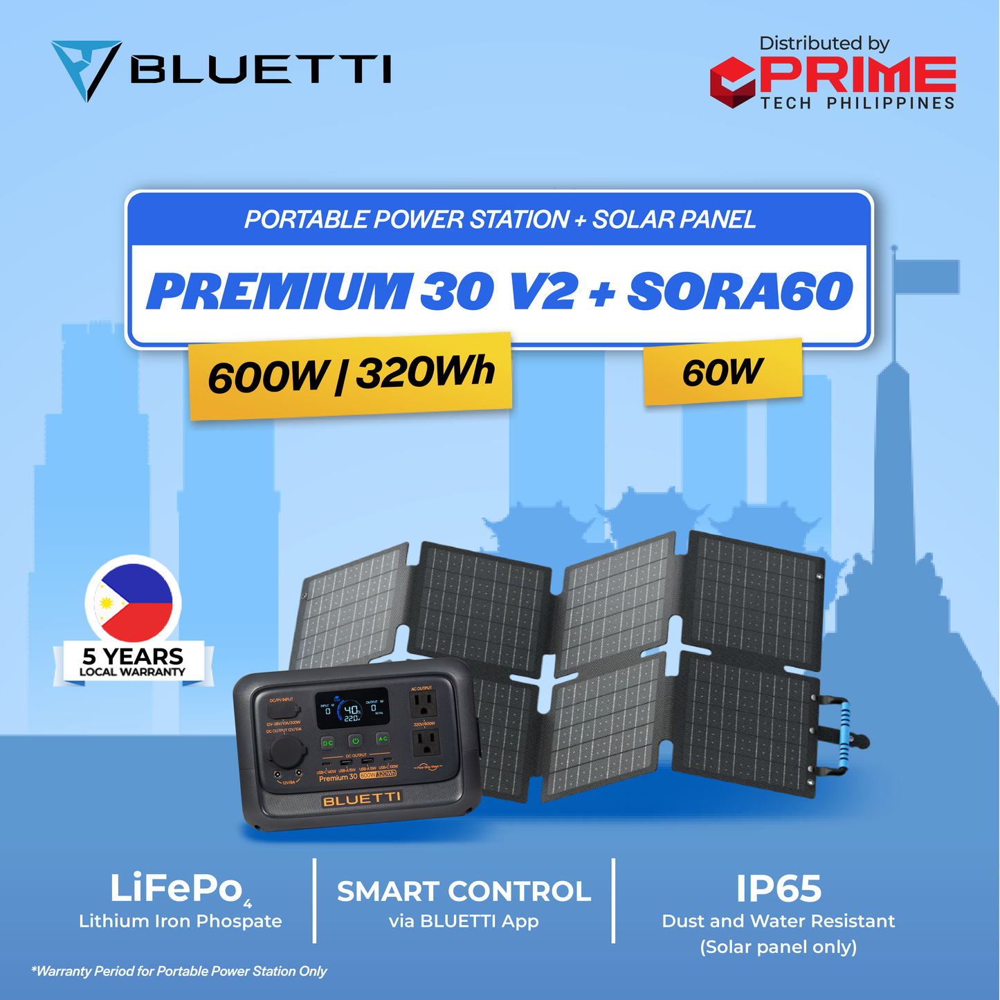 BLUETTI Premium 30 V2 Portable Power Station – 320Wh LiFePO₄ Battery, 600W AC Output (220V, 60Hz) Solar Generator, Suitable for PV60 / PV100 / PV120 / PV200 Solar Panels – Ideal for Camping, Hiking, Home Appliances & Electronics – 5-Year Warranty