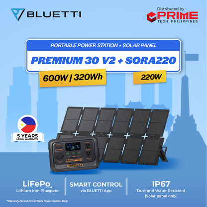BLUETTI Premium 30 V2 Portable Power Station – 320Wh LiFePO₄ Battery, 600W AC Output (220V, 60Hz) Solar Generator, Suitable for PV60 / PV100 / PV120 / PV200 Solar Panels – Ideal for Camping, Hiking, Home Appliances & Electronics – 5-Year Warranty