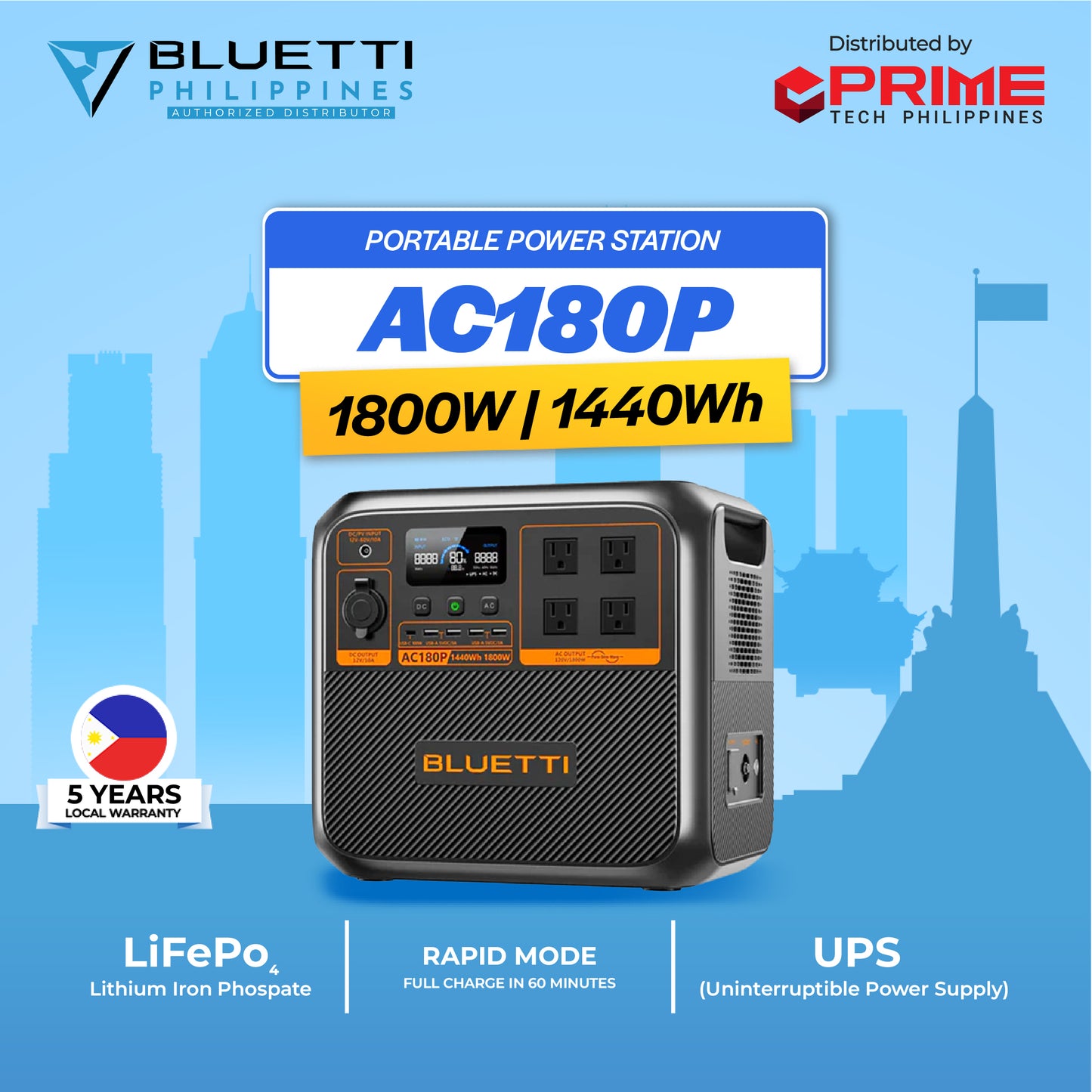 BLUETTI AC180P 1800W Portable Power Station | 1440Wh LiFePO₄ Battery Solar Generator for Home Backup, RV, Camping, Emergency | Fast Charging | 5-Year Local Warranty