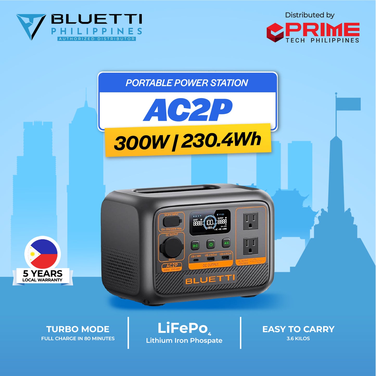 BLUETTI AC2P 300W Portable Power Station | 230Wh LiFePO₄ Battery for Travel, Camping, Emergency Backup | Fast Charging | 5-Year Local Warranty