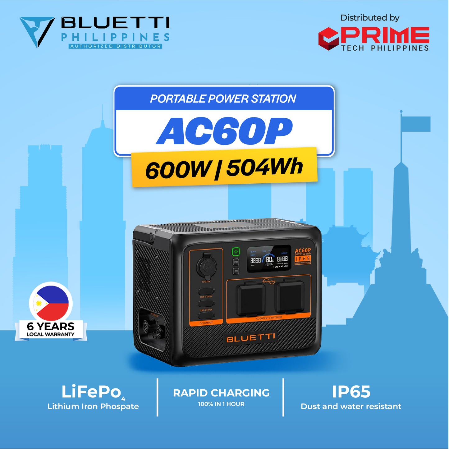 AUTHORIZED Bluetti AC60P Expandable Portable Waterproof Power Station 504Wh | 600W (1200W) - PREMIUM SERIES