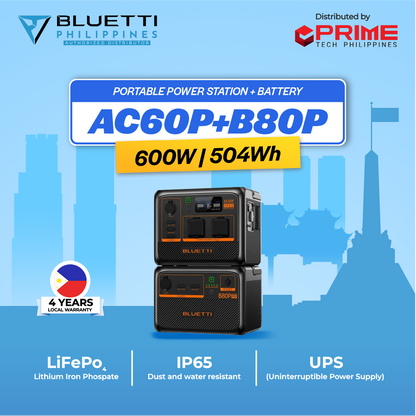 BLUETTI AC60P Portable Power Station with B80P Battery 1310Wh LiFePO4 2x600W AC IP65 Solar Generator