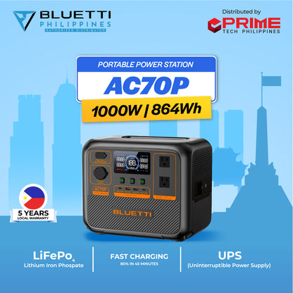 BLUETTI AC70P 1000W Portable Power Station | 864Wh LiFePO₄ Battery for Camping, Home Backup, Emergency | 5-Year Local Warranty
