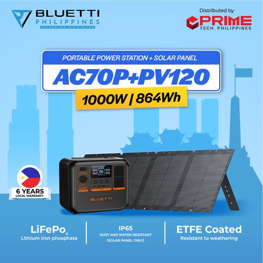 With PV120 | BLUETTI AC70P 1000W Portable Power Station 768Wh LiFePO4 Battery Solar Generator | 5-Year Warranty