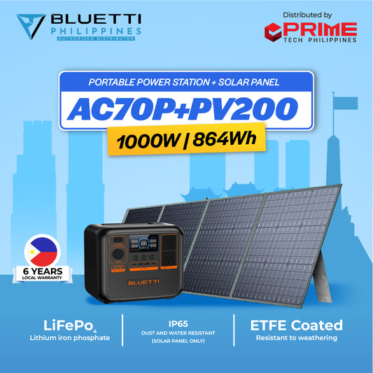 BLUETTI AC70P 1000W Portable Power Station with PV200 Solar Panel | 768Wh LiFePO4 Battery | 5-Year Warranty