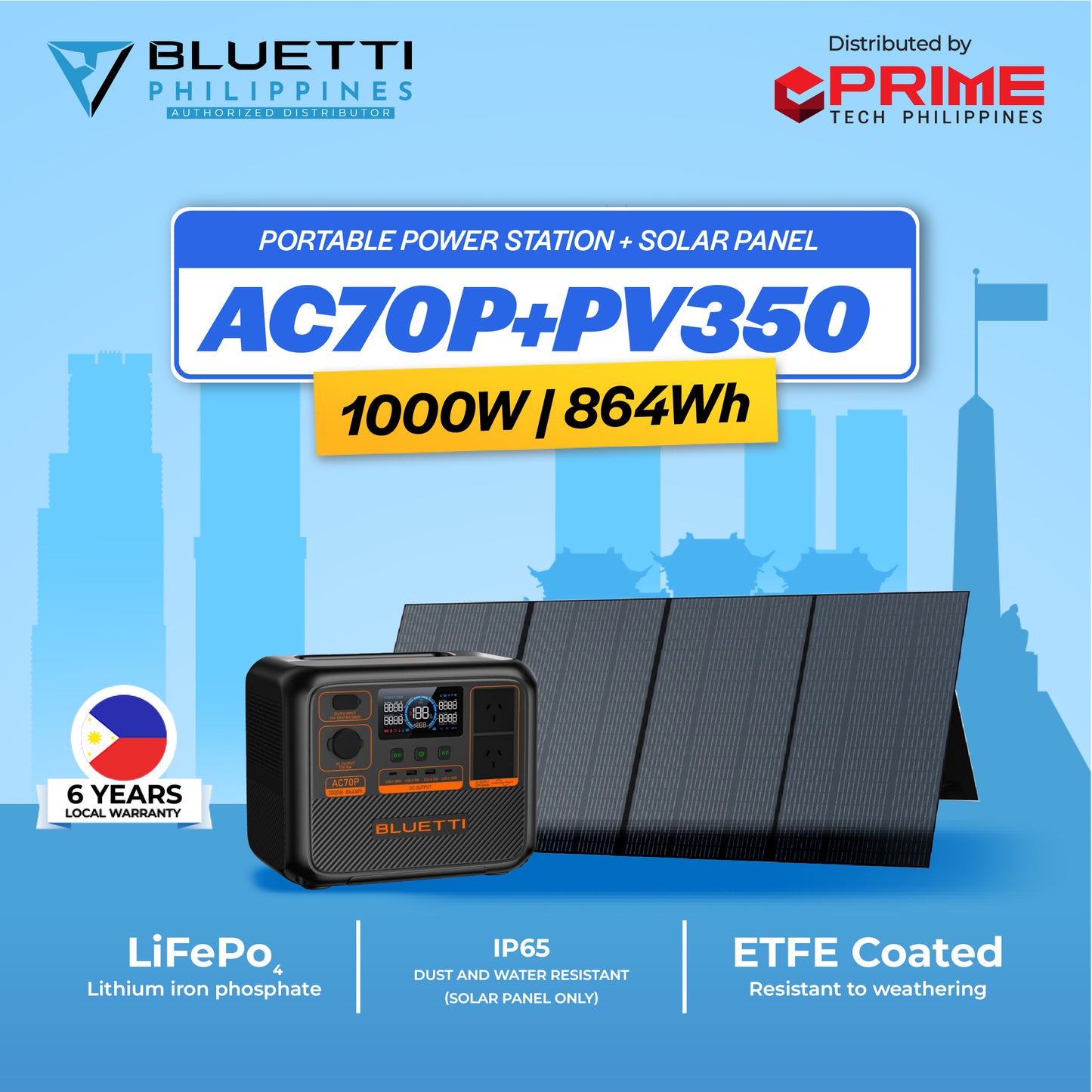 BLUETTI AC70P 1000W Portable Power Station with PV350 Solar Panel | 768Wh LiFePO4 Battery | 5-Year Warranty