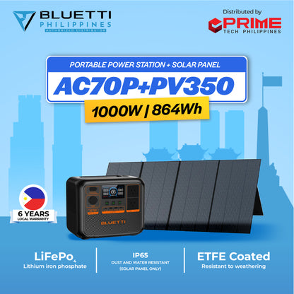 BLUETTI AC70P 1000W Portable Power Station with PV350 Solar Panel | 768Wh LiFePO4 Battery | 5-Year Warranty