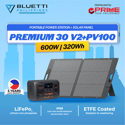 BLUETTI Premium 30 V2 Portable Power Station – 320Wh LiFePO₄ Battery, 600W AC Output (220V, 60Hz) Solar Generator, Suitable for PV60 / PV100 / PV120 / PV200 Solar Panels – Ideal for Camping, Hiking, Home Appliances & Electronics – 5-Year Warranty