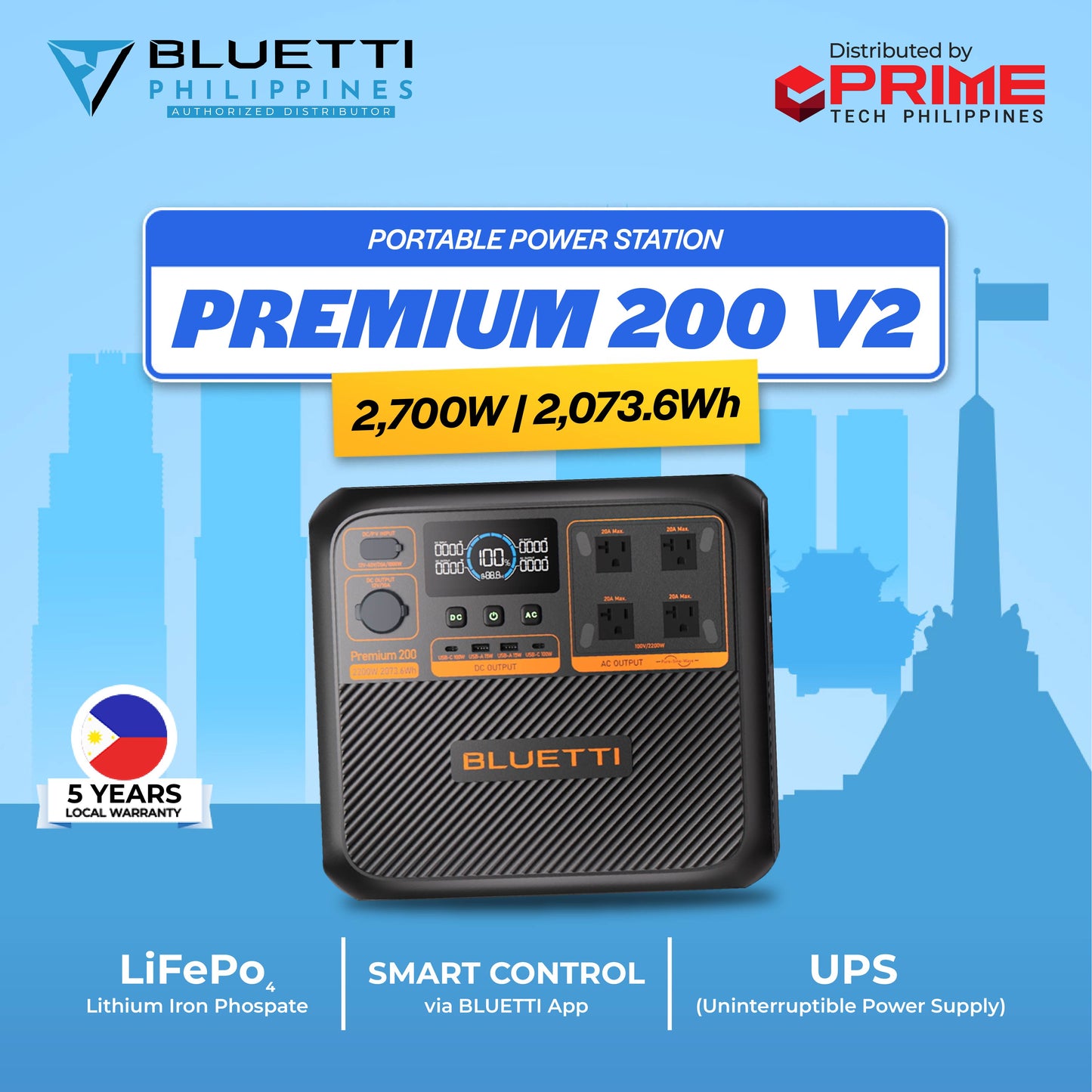 BLUETTI Premium 200 V2 Portable Power Station 2700W 2073.6Wh LiFePO4 | Solar Generator with UPS Backup 220V