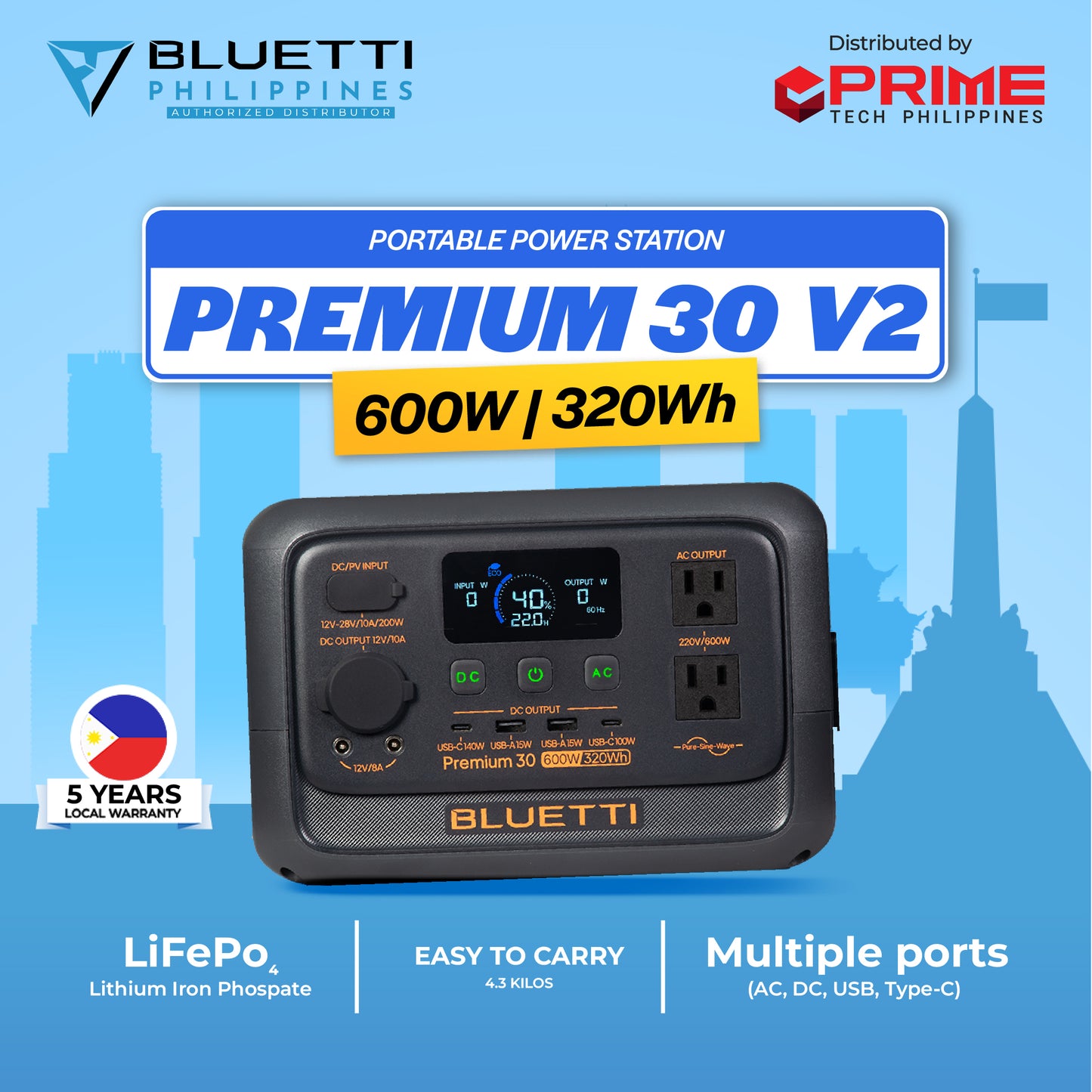 BLUETTI Premium 30 V2 Portable Power Station – 320Wh LiFePO₄ Battery, 600W AC Output (220V, 60Hz) Solar Generator, Suitable for PV60 / PV100 / PV120 / PV200 Solar Panels – Ideal for Camping, Hiking, Home Appliances & Electronics – 5-Year Warranty