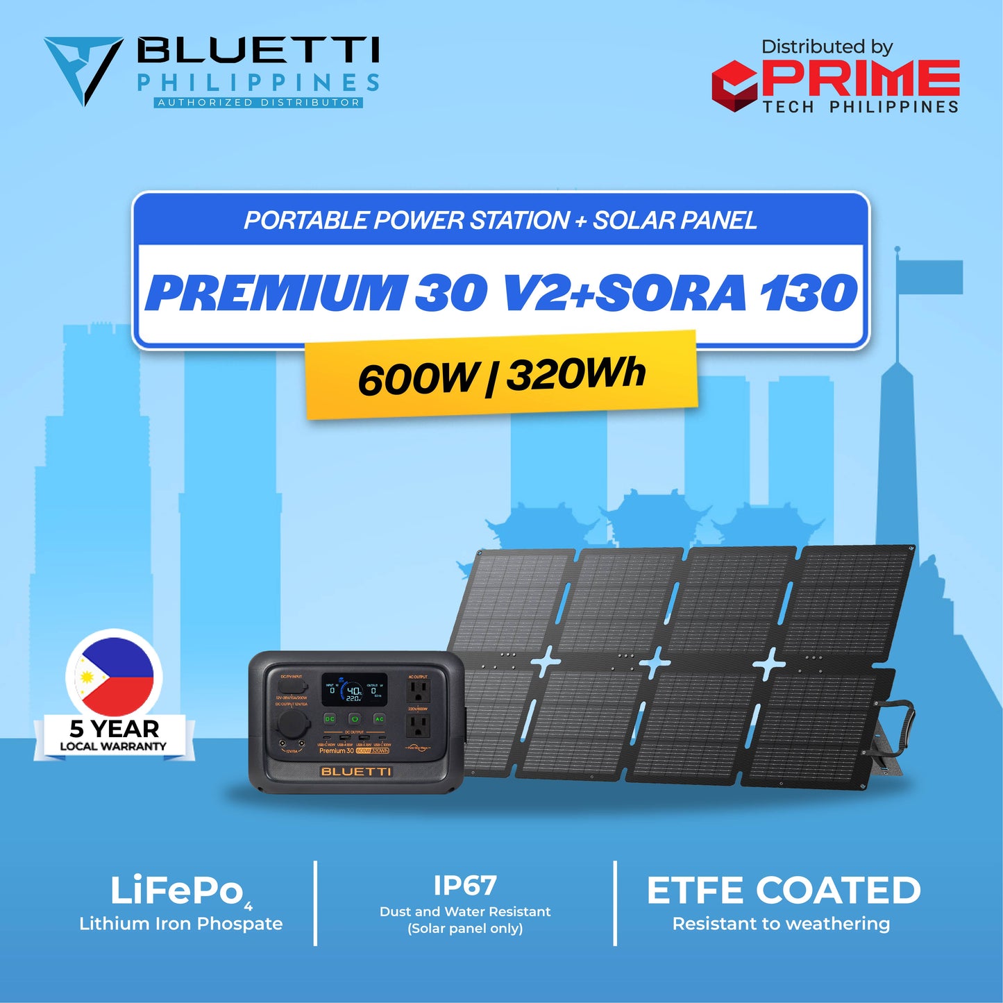 BLUETTI Premium 30 V2 Portable Power Station – 320Wh LiFePO₄ Battery, 600W AC Output (220V, 60Hz) Solar Generator, Suitable for PV60 / PV100 / PV120 / PV200 Solar Panels – Ideal for Camping, Hiking, Home Appliances & Electronics – 5-Year Warranty